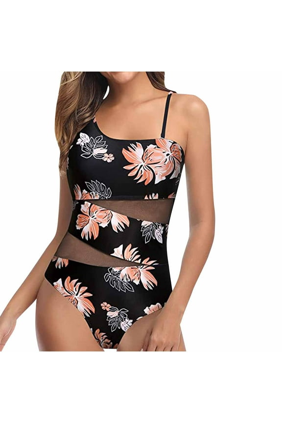 Women's One Piece Swimsuits Tummy Control High Cut Slimming Bathing Suit One Shoulder See Through Mesh Swimwear S-XL