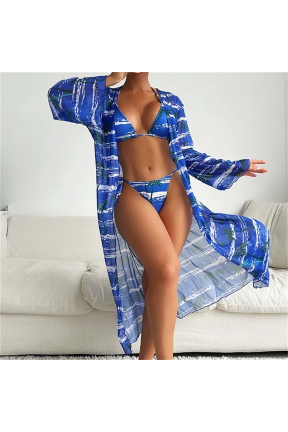Women's Swimsuits Sets 3 Piece Long Sleeve Bathing Suit Cover Up with Bikini Outfits Comfort Thin Kimono Summer Cardigan Set