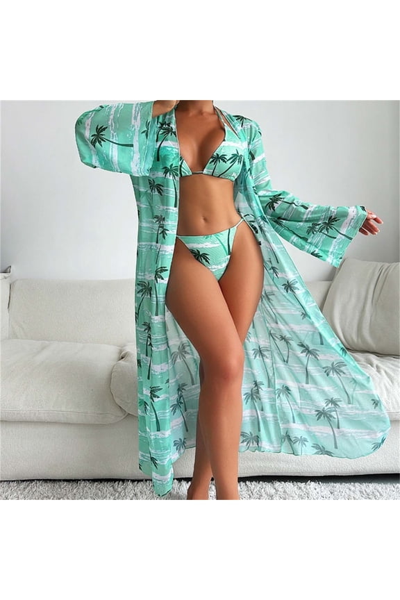 Women's Swimsuits Sets 3 Piece Long Sleeve Bathing Suit Cover Up with Bikini Outfits Comfort Thin Kimono Summer Cardigan Set