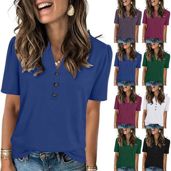 Abomasnow Plus Size Tops for Women Dressy Casual Short Sleeve V Neck Tunic Tops Loose Fit Button Blouses