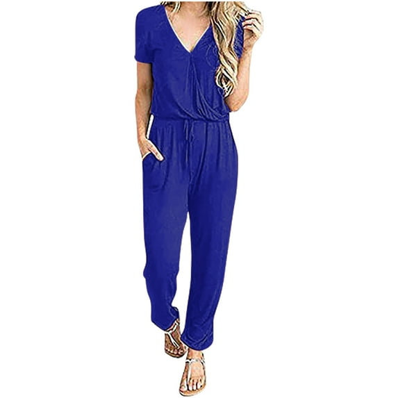 Abomasnow Jumpsuits for Women Casual Summer Short Sleeve V Neck Drawstring Waist Long Pants One Piece Rompers with Pockets