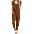 thumbnail image 1 of Abomasnow Jumpsuits for Women Casual Summer Short Sleeve V Neck Drawstring Waist Long Pants One Piece Rompers with Pockets, 1 of 5