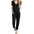 thumbnail image 1 of Abomasnow Jumpsuits for Women Casual Summer Short Sleeve V Neck Drawstring Waist Long Pants One Piece Rompers with Pockets, 1 of 5
