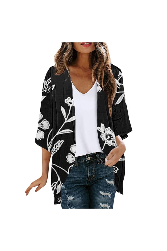 Summer Cardigans for Women Lightweight 3/4 Sleeve Open Front Kimono Outwear Beach Cover Ups for Women