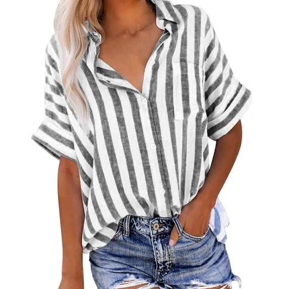 Deals of Today,Abomasnow Women Summer Cotton Linen Shirts Short Sleeve Button Down Shirts Lightweight Lapel Stripe Print Cardigan Shirts on Clearance