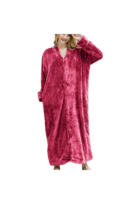 Women's Long Housecoat Fuzzy Bath Robe Fleece Oversized Zipper Thick House Coat Warm Winter M-XL