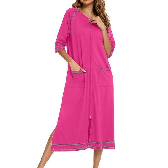 Abomasnow Women's Zipper Robe 3/4 Sleeve Housecoats Full Length House Dress Loungewear Long Nightgown with Pockets