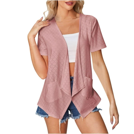 Deals of Today,Abomasnow Womens Summer Short Sleeve Eyelet Cardigan Lightweight Open Front Kimono Cardigans Beach Cover Ups for Women on Clearance