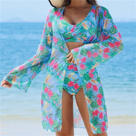 Abomasnow Women's Bathing Suits Outfits 3 Piece Long Sleeve Kimono Swimsuit Cover Up with Tankini Sets Long Cardigan Open Front Swimwear