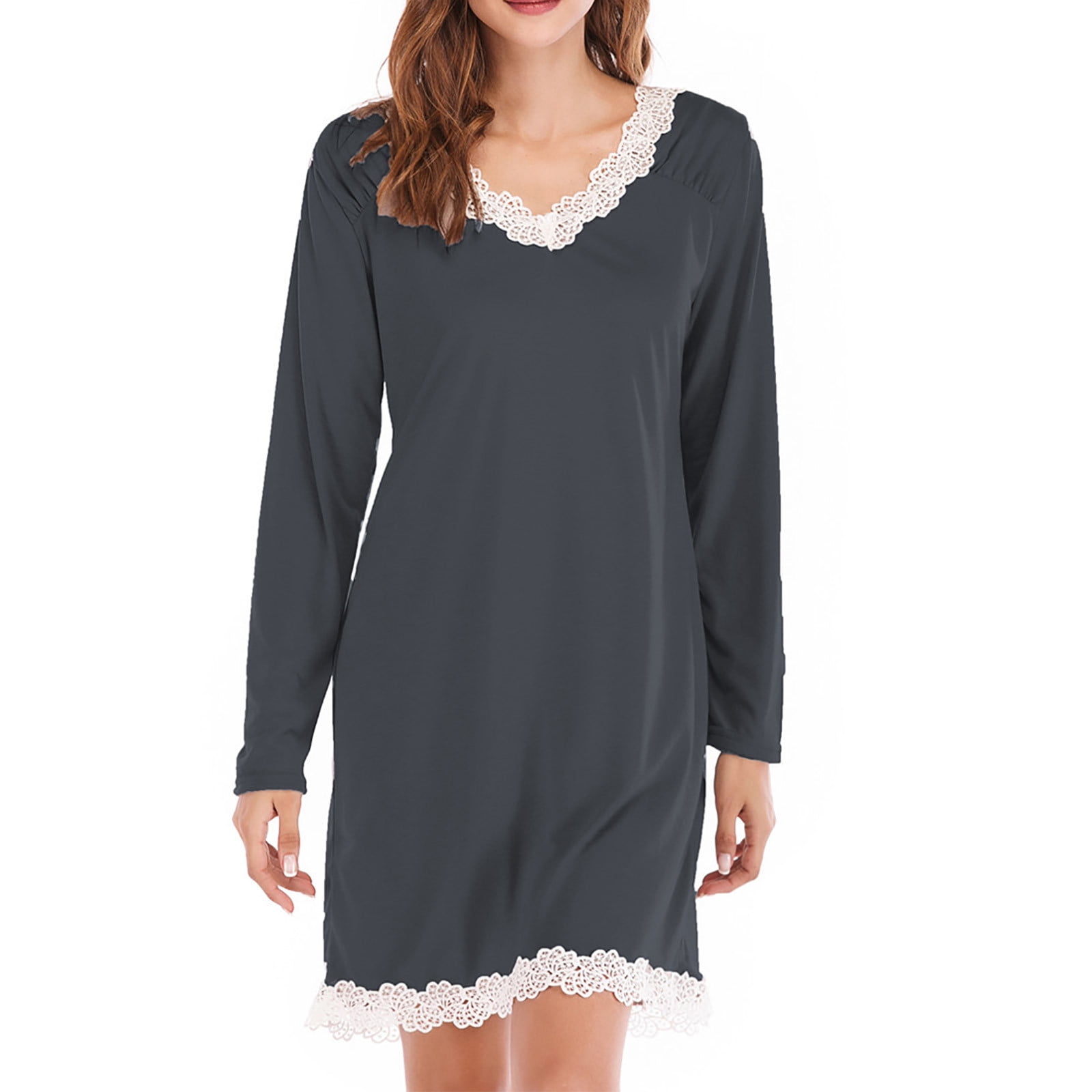 GYS Women's Soft Bamboo Nightgown - Long Sleeve V-Neck Sleepshirt, Navy, X-Large