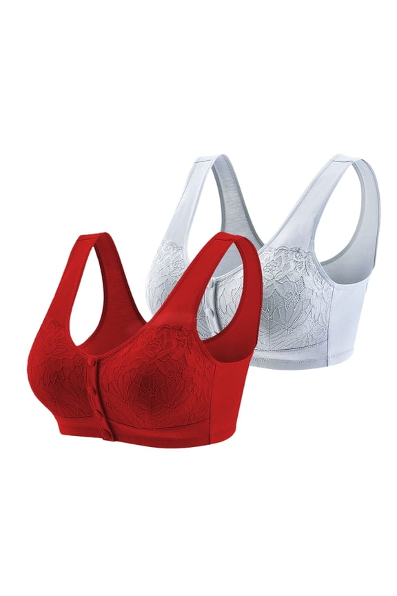 2Pc Front Button Bra Front Closure Everyday Sports Bras for Women Sexy Lace Lingerie Full Coverage Comfort Bra No Underwire