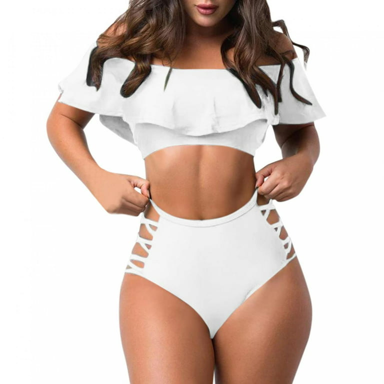 VBARHMQRT Female Swimsuit Romper with Built In Bra Two Piece 2 Piece Bathing  Suits Ring Bikini Set with Cover up Skirt Tankinis Swimwear for Women Top  White Swimsuit 