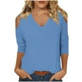 thumbnail image 1 of of the Day ! Womens Tops under $5 Women's Fashionable Solid Color T-Shirt 3/4 Sleeve Shirt V-neck Casual Top, Blue M, 1 of 6