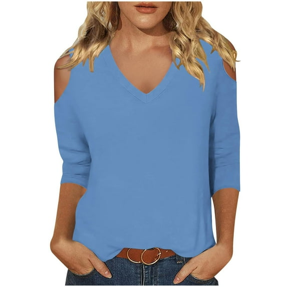 of the Day ! Womens Tops under $5 Women's Fashionable Solid Color T-Shirt 3/4 Sleeve Shirt V-neck Casual Top, Blue M
