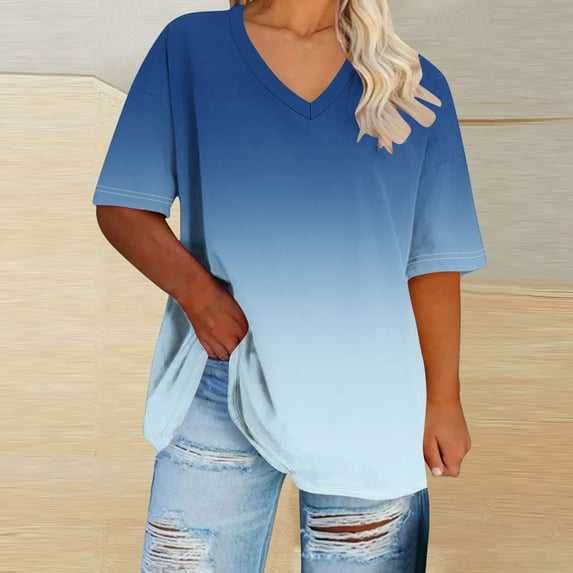 purcolt Plus Size Tops for Women Gradient Color Short Sleeve V Neck Oversized T-Shirts Summer Casual Loose Soft Tunic Tees