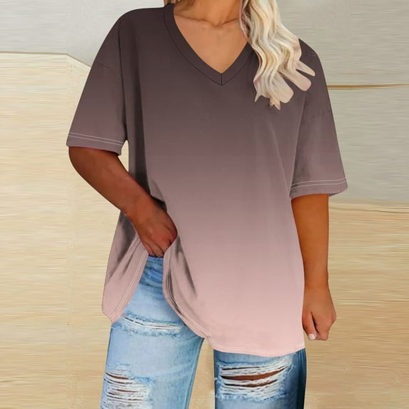 purcolt Plus Size Tops for Women Gradient Color Short Sleeve V Neck Oversized T-Shirts Summer Casual Loose Soft Tunic Tees
