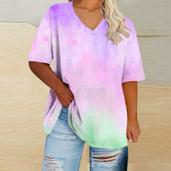 purcolt Women Plus Size Tops Tie-dye Print V Neck Short Sleeve Oversized T Shirts Casual Loose Basic Tunic Tees