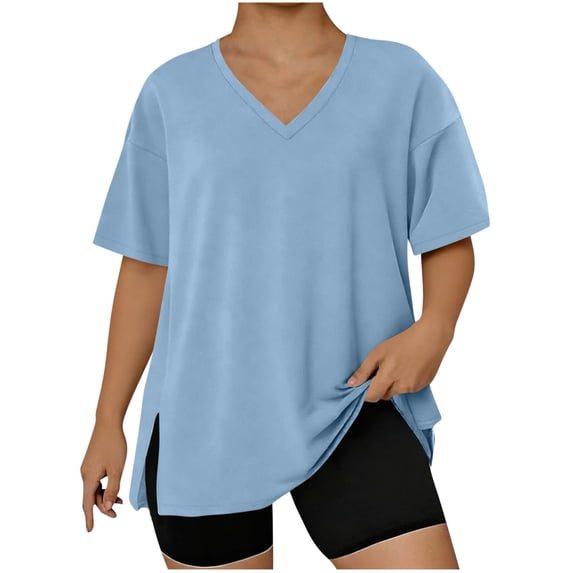 Purcolt Womens Plus Size Summer Tops Side Slit Short Sleeve V Neck T Shirts Casual Loose Tunic Tops Solid Color Tees Blouses L-5XL
