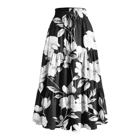 Miqool Women's Floral Boho Maxi Skirt Elastic High Waist A-Line Flowy Ruffle Tiered Summer Beach Long Skirts