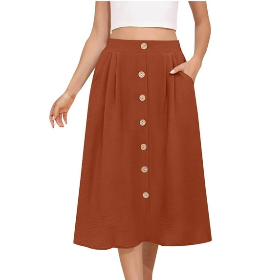 Miqool Women's Flowy Midi Skirt Buttons Front High Waisted A-Line Casual Summer Pleated Long Skirts(Brown, M)