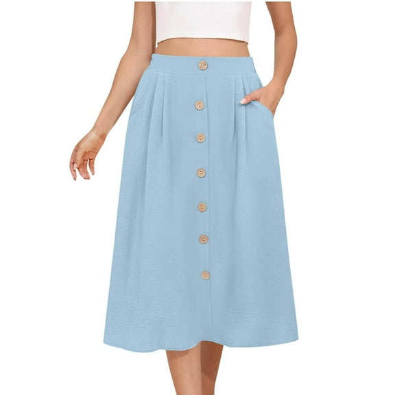 Miqool Women's Flowy Midi Skirt Buttons Front High Waisted A-Line Casual Summer Pleated Long Skirts(Light Blue, XL)