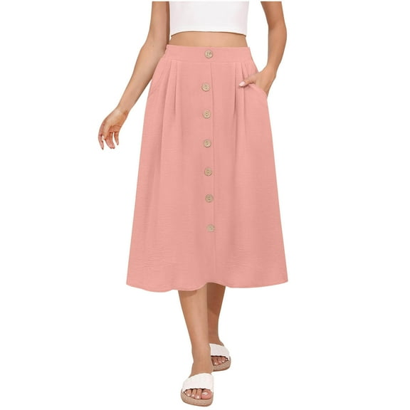 Miqool Women's Flowy Midi Skirt Buttons Front High Waisted A-Line Casual Summer Pleated Long Skirts(Pink, 2XL)