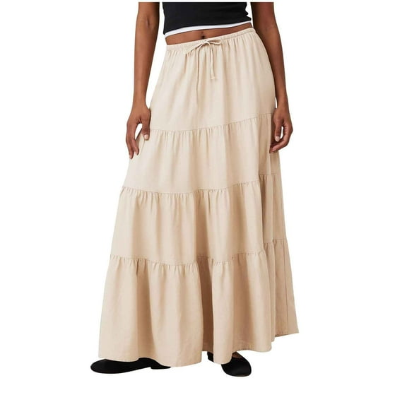 Miqool Women's Summer Boho Flowy Maxi Skirt Elastic Waist Casual Pleated Ruffle Tiered A-Line Flared Beach Long Skirts