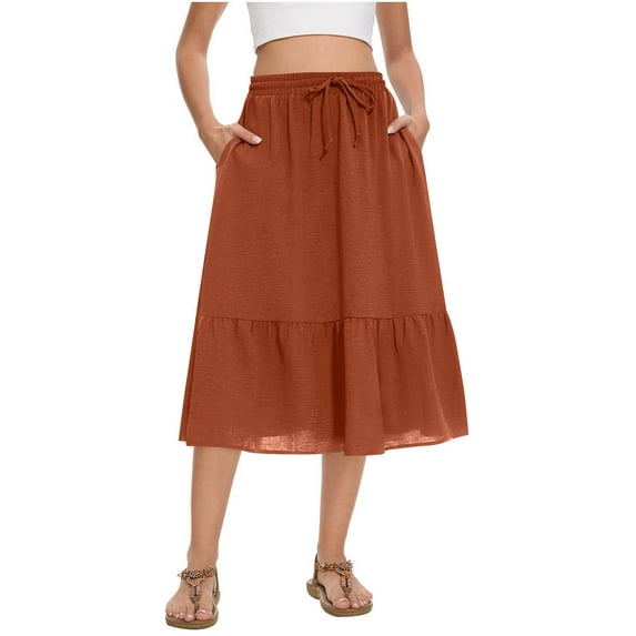 Miqool Women's Summer Ruffle Midi Skirts Elastic High Waisted Causal A-Line Flowy Long Skirts with Pockets