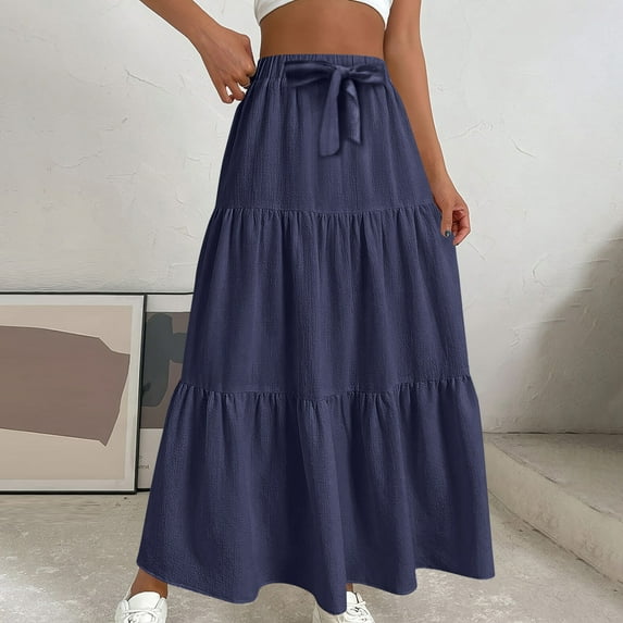 Miqool Womens Ruffle Maxi Skirts Elastic High Waisted A-Line Long Skirts Summer Casual Boho Flowy Skirts with Drawstring