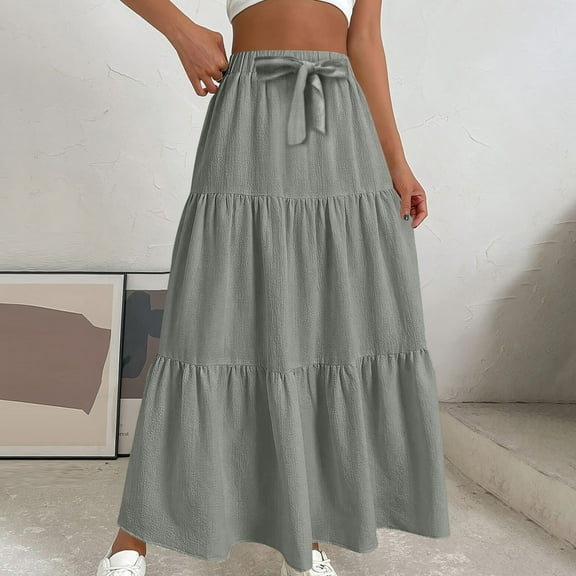 Miqool Womens Ruffle Maxi Skirts Elastic High Waisted A-Line Long Skirts Summer Casual Boho Flowy Skirts with Drawstring