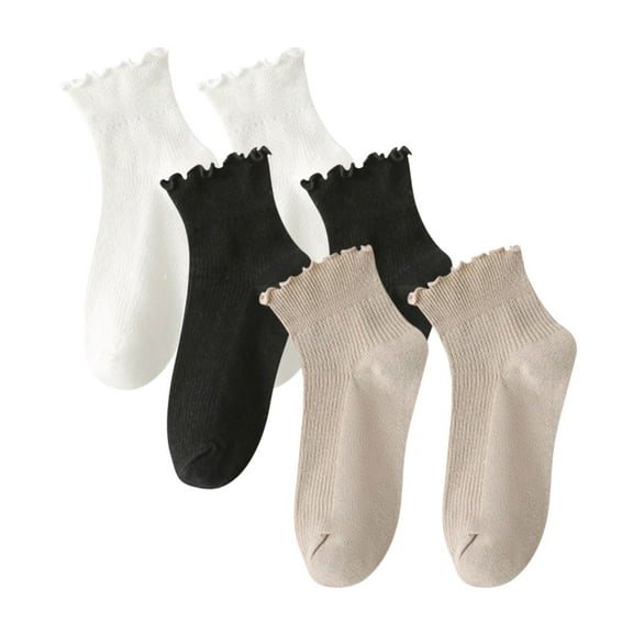 Pitauce 3 Pairs Womens Cute Ruffle Frilly Cotton Socks Solid Color Ankle Socks Lightweight Knit Crew Socks