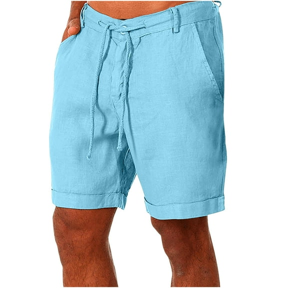 BVnarty Mens Cotton Linen Beach Shorts Below Knee Length Dresses Solid Color Elastic Waist Drawstring with Pockets Light Blue XXXL