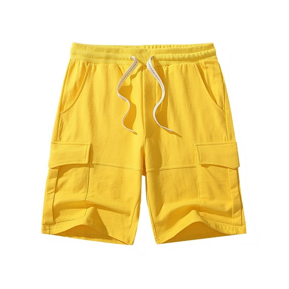 Deals of the Week Discount BVnarty Mens Cargo Shorts Solid Color Knee Length Shorts Drawstring Rigid Waist with Pockets Yellow S