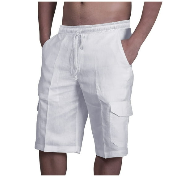 BVnarty Mens Plus Size Cotton Cargo Shorts Knee Length Shorts Elastic Waist Drawstring Solid Color with Pockets White XXL