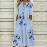 Deals of the Week!Generic Fashion Women Casual Loose Butterfly Printing V-Neck Half Sleeve Button Pockets Long Dress