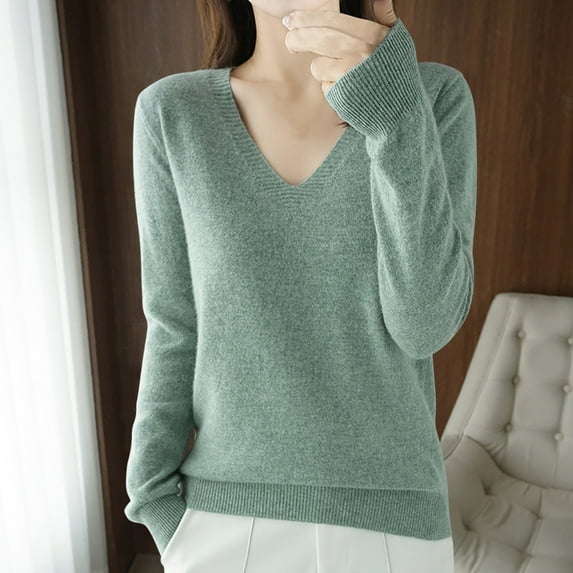 Pitauce Sweater for Women Solid Color V Neck Knitted Long Sleeve Tops Casual Loose Fit Pullover Basic Bottoming Tops Sweater