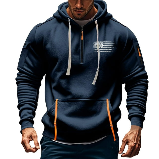 Deals of the Week TMOYZQ Mens Big & Tall Sweatshirts Vintage Long Sleeve Quarter Zip Drawstring Hoodies Fashion USA Flag Patriotic Graphic Sweater