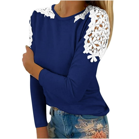 LYXSSBYX Long Sleeve Shirts for Women Women's Summer Casual Long Sleeve Blouse Round Neck Lace Tops T-Shirt