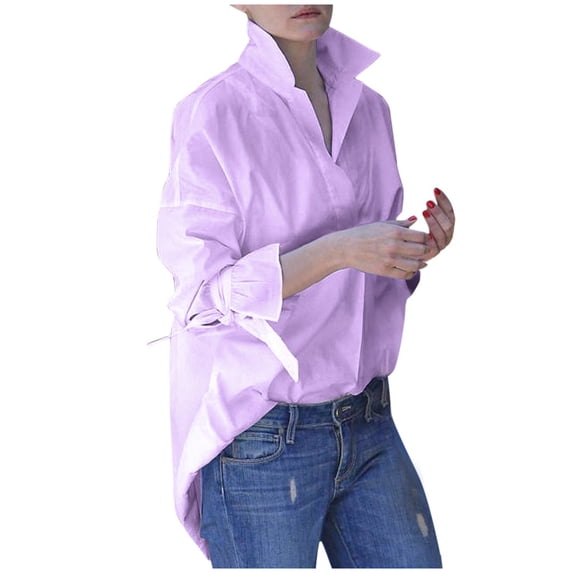 under 10.00 LYXSSBYX Long Sleeves Womens Tops for Women Shirts Tops Casual Long Sleeve Lapel Shirt Plain Print Blouse Top
