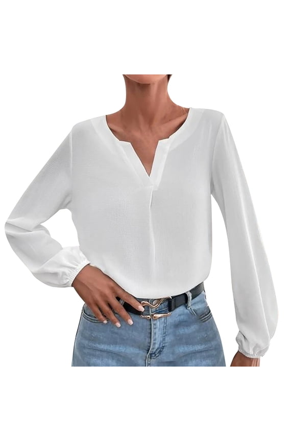 under 10.00 LYXSSBYX Solid Long Sleeves Women Tops Satin Socket V-Neck Solid-color Commute Long Sleeve Blouses Shirt Tops