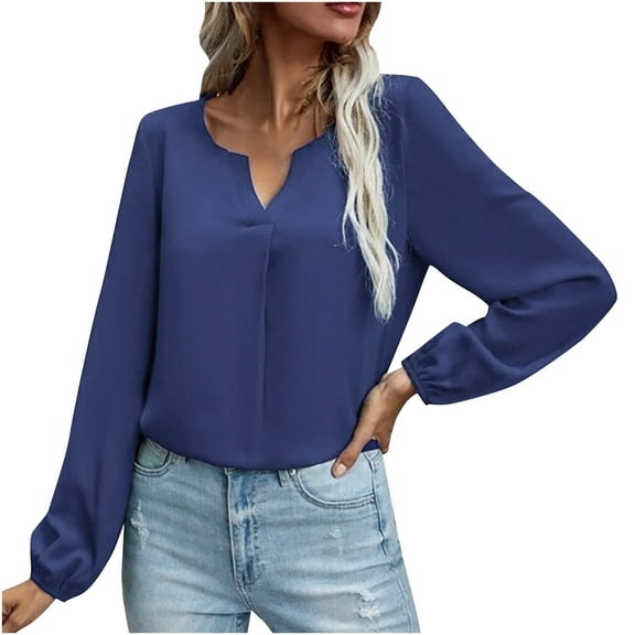 under 10.00 LYXSSBYX Solid Long Sleeves Women Tops Satin Socket V-Neck Solid-color Commute Long Sleeve Blouses Shirt Tops