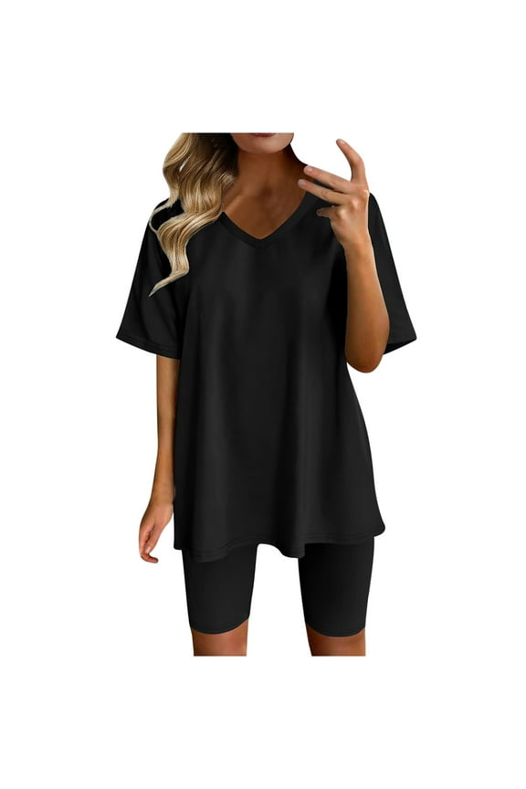 Womens 2 Piece Outfits for Summer Women Fashion V-Neck Blouse Short Sleeve Tops Shorts Casual Suit Sets