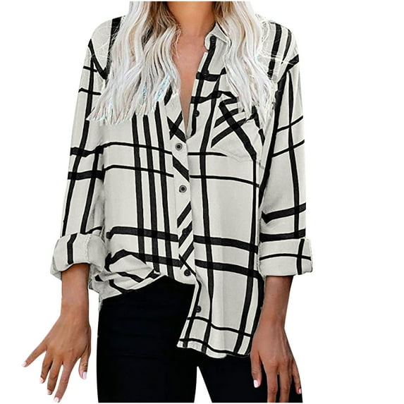Deals under 10.00 LYXSSBYX Womens Plaid Tops for Women Hot Sale Clearance Fashion Casual Lapel Top Loose Buttoned Long Sleeve Plaid Print Blouse
