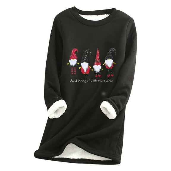 LYXSSBYX Womens Tops Long Sleeve Women Thick Fleece Sweatshirt Christmas Print Velvet Warm O-neck Underwear Top