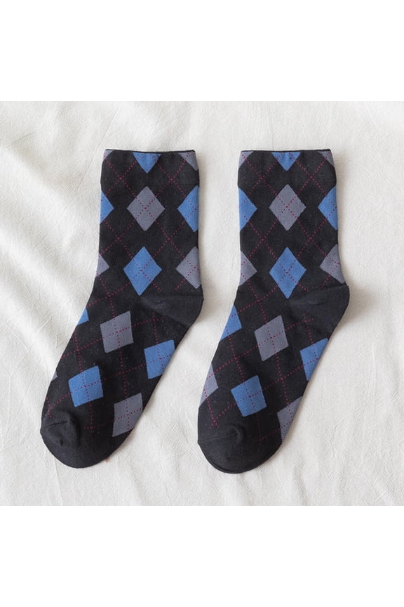 Fuzzy Socks for Women Women Fashion Argyle Pattern Print England Style Cotton Middle Tube Socks