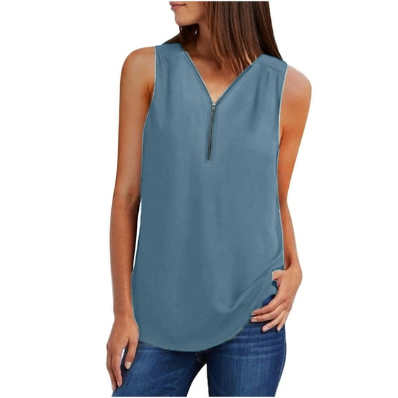 LYXSSBYX Plus Size Tops for Women Women's Summer Sleeveless Zip Casual Tunic V-Neck Rollable Blouse Tank Tops