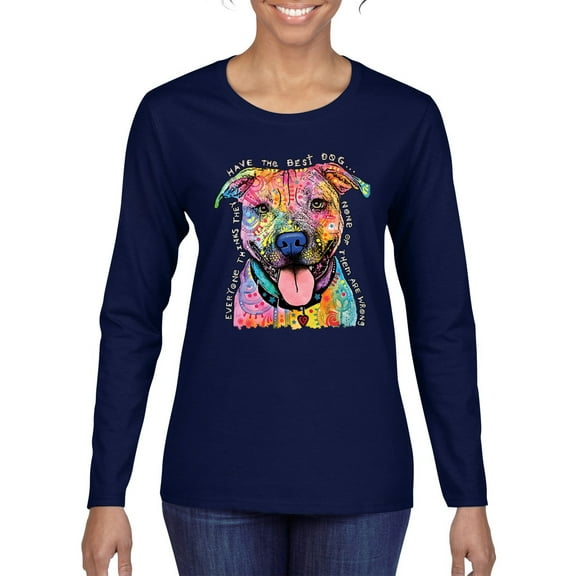 Dean Russo Best Dog Dog Lover Womens Graphic Long Sleeve T-Shirt, Navy, Medium