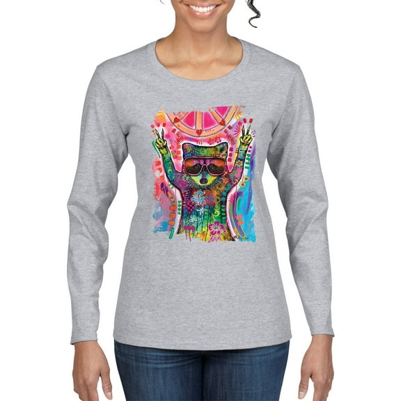 Dean Russo Cosmic Trash Panda Animal Lover Womens Graphic Long Sleeve T-Shirt, Heather Grey, Large