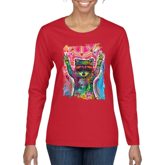 Dean Russo Cosmic Trash Panda Animal Lover Womens Graphic Long Sleeve T-Shirt, Red, Small