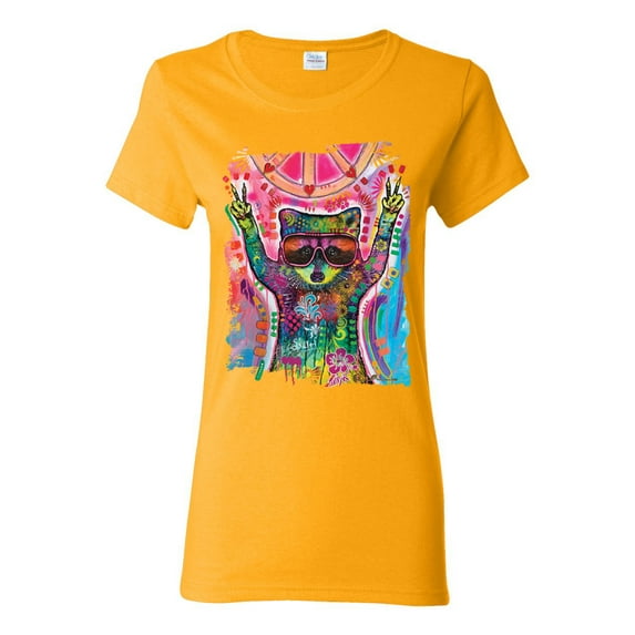 Dean Russo Cosmic Trash Panda Animal Lover Womens Graphic T-Shirt, Gold, Large